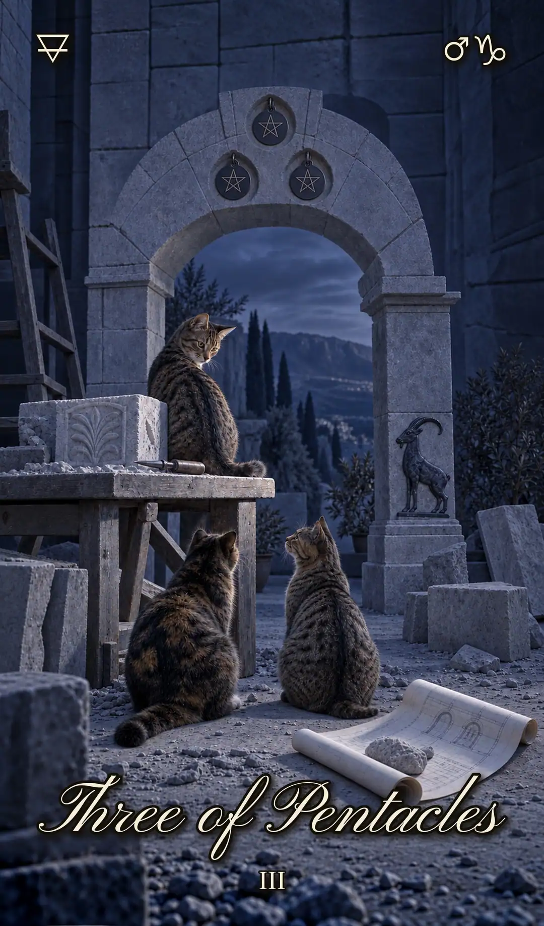 Three of Pentacles, Cat deck