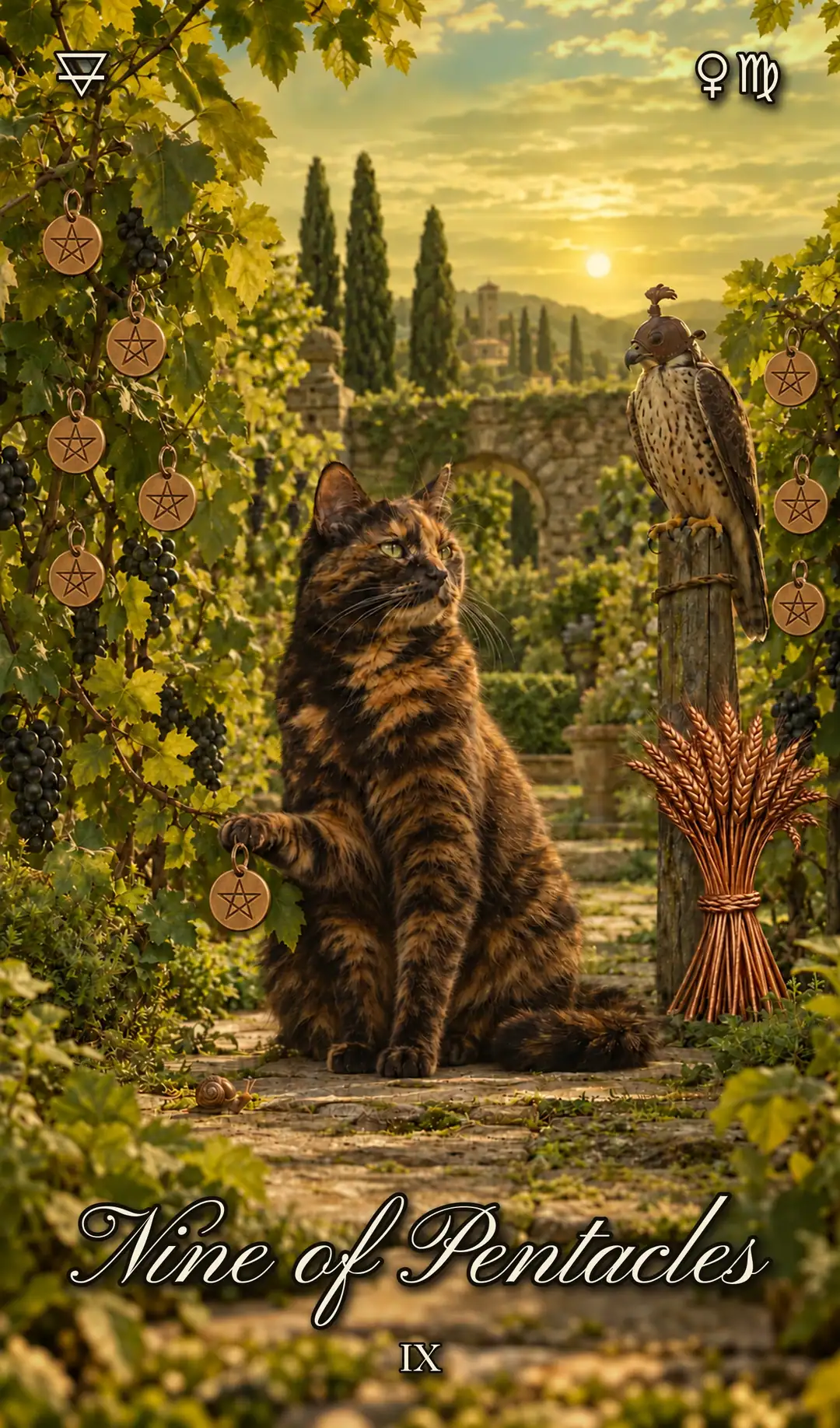 Nine of Pentacles, Cat deck