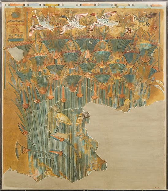 Papyrus stems and flying birds, a copy of an Egyptian painting.